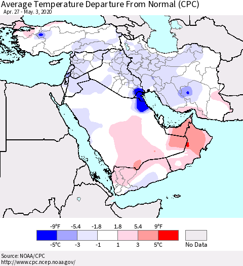Middle East and Turkey Average Temperature Departure from Normal (CPC) Thematic Map For 4/27/2020 - 5/3/2020