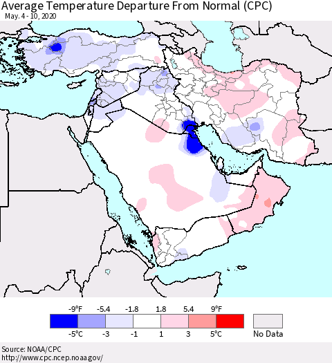 Middle East and Turkey Average Temperature Departure from Normal (CPC) Thematic Map For 5/4/2020 - 5/10/2020