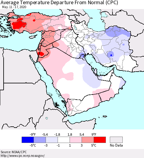 Middle East and Turkey Average Temperature Departure from Normal (CPC) Thematic Map For 5/11/2020 - 5/17/2020