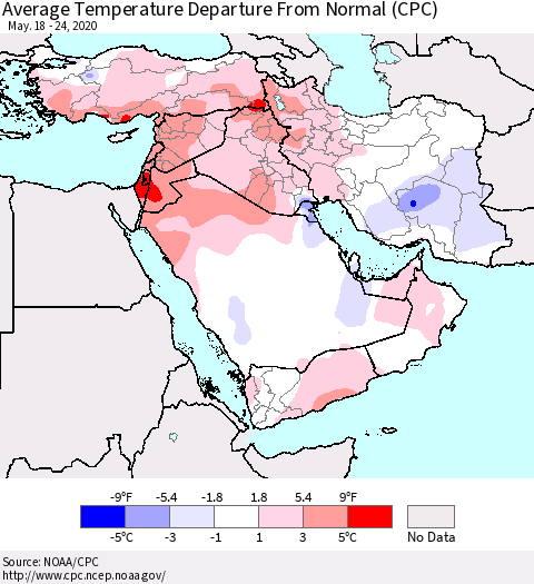 Middle East and Turkey Average Temperature Departure from Normal (CPC) Thematic Map For 5/18/2020 - 5/24/2020