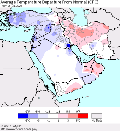 Middle East and Turkey Average Temperature Departure from Normal (CPC) Thematic Map For 5/25/2020 - 5/31/2020
