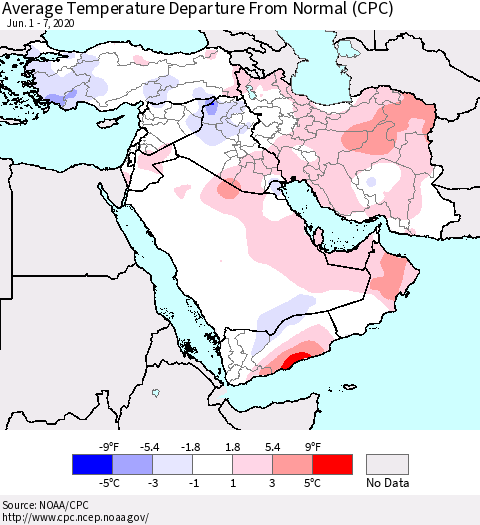 Middle East and Turkey Average Temperature Departure from Normal (CPC) Thematic Map For 6/1/2020 - 6/7/2020