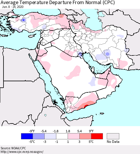 Middle East and Turkey Average Temperature Departure from Normal (CPC) Thematic Map For 6/8/2020 - 6/14/2020