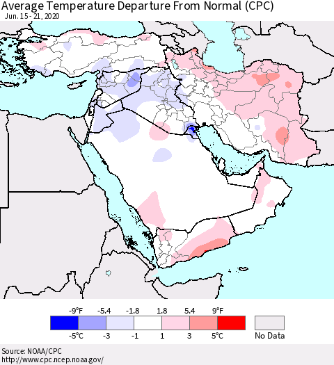 Middle East and Turkey Average Temperature Departure from Normal (CPC) Thematic Map For 6/15/2020 - 6/21/2020
