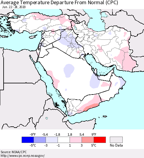 Middle East and Turkey Average Temperature Departure from Normal (CPC) Thematic Map For 6/22/2020 - 6/28/2020