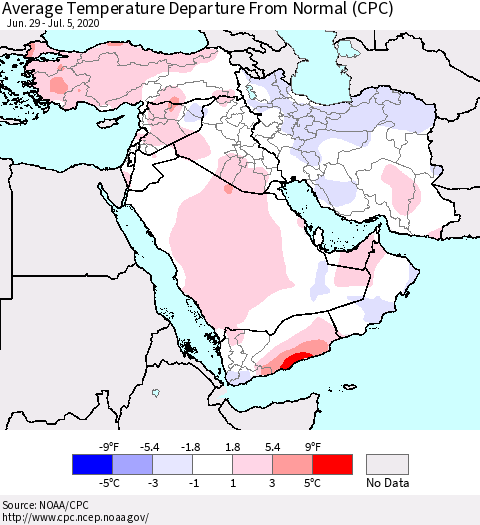 Middle East and Turkey Average Temperature Departure from Normal (CPC) Thematic Map For 6/29/2020 - 7/5/2020
