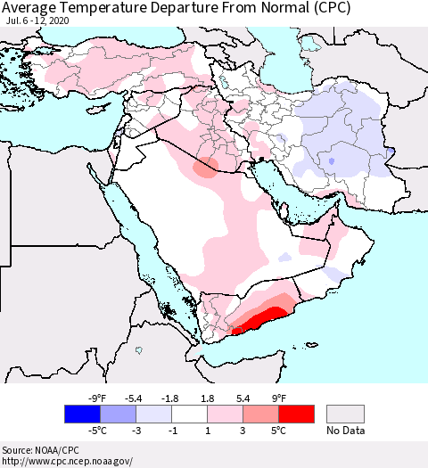 Middle East and Turkey Average Temperature Departure from Normal (CPC) Thematic Map For 7/6/2020 - 7/12/2020