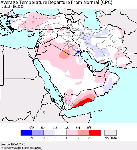 Middle East and Turkey Average Temperature Departure from Normal (CPC) Thematic Map For 7/13/2020 - 7/19/2020