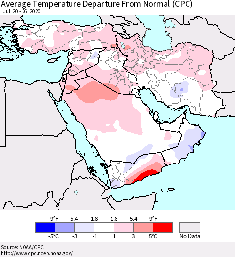 Middle East and Turkey Average Temperature Departure from Normal (CPC) Thematic Map For 7/20/2020 - 7/26/2020