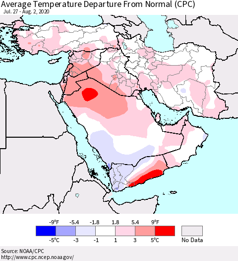Middle East and Turkey Average Temperature Departure from Normal (CPC) Thematic Map For 7/27/2020 - 8/2/2020