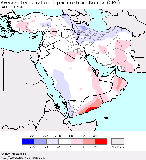 Middle East and Turkey Average Temperature Departure from Normal (CPC) Thematic Map For 8/3/2020 - 8/9/2020