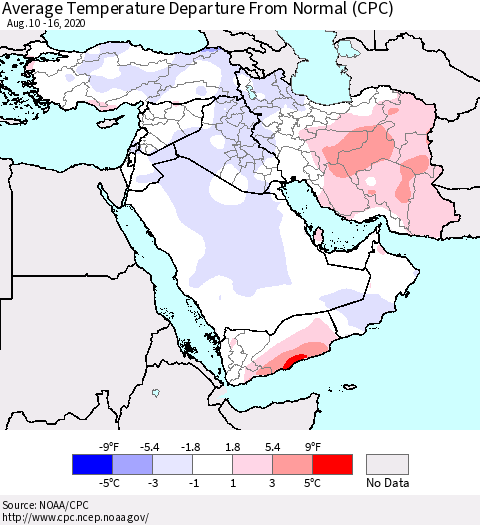 Middle East and Turkey Average Temperature Departure from Normal (CPC) Thematic Map For 8/10/2020 - 8/16/2020