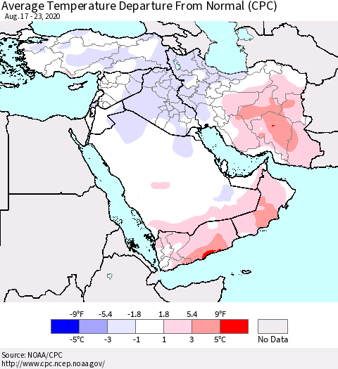 Middle East and Turkey Average Temperature Departure from Normal (CPC) Thematic Map For 8/17/2020 - 8/23/2020