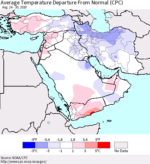 Middle East and Turkey Average Temperature Departure from Normal (CPC) Thematic Map For 8/24/2020 - 8/30/2020