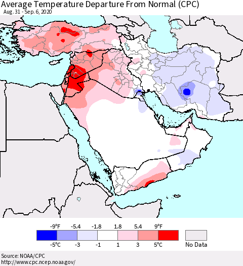 Middle East and Turkey Average Temperature Departure from Normal (CPC) Thematic Map For 8/31/2020 - 9/6/2020