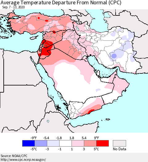 Middle East and Turkey Average Temperature Departure from Normal (CPC) Thematic Map For 9/7/2020 - 9/13/2020