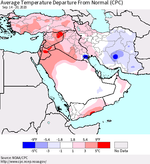 Middle East and Turkey Average Temperature Departure from Normal (CPC) Thematic Map For 9/14/2020 - 9/20/2020