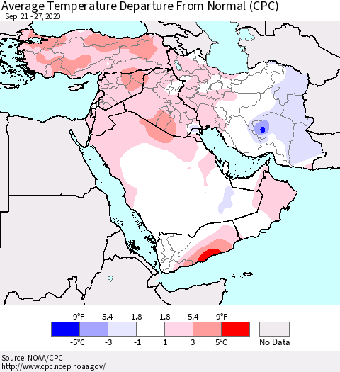 Middle East and Turkey Average Temperature Departure from Normal (CPC) Thematic Map For 9/21/2020 - 9/27/2020