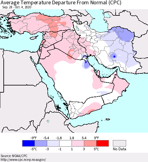 Middle East and Turkey Average Temperature Departure from Normal (CPC) Thematic Map For 9/28/2020 - 10/4/2020
