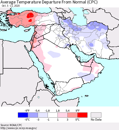 Middle East and Turkey Average Temperature Departure from Normal (CPC) Thematic Map For 10/5/2020 - 10/11/2020