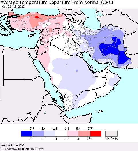 Middle East and Turkey Average Temperature Departure from Normal (CPC) Thematic Map For 10/12/2020 - 10/18/2020