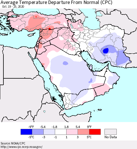Middle East and Turkey Average Temperature Departure from Normal (CPC) Thematic Map For 10/19/2020 - 10/25/2020
