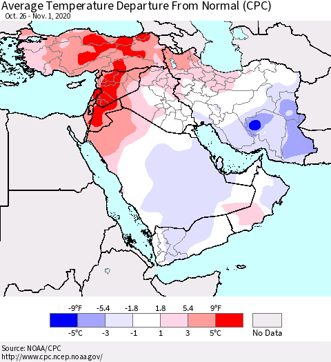 Middle East and Turkey Average Temperature Departure from Normal (CPC) Thematic Map For 10/26/2020 - 11/1/2020