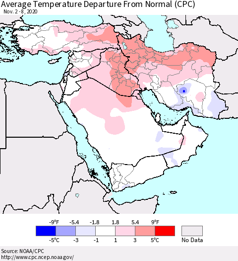 Middle East and Turkey Average Temperature Departure from Normal (CPC) Thematic Map For 11/2/2020 - 11/8/2020