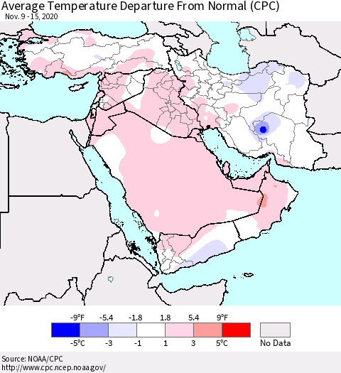 Middle East and Turkey Average Temperature Departure from Normal (CPC) Thematic Map For 11/9/2020 - 11/15/2020