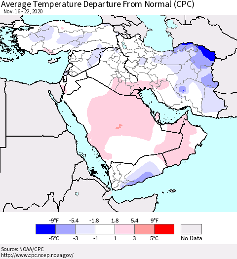 Middle East and Turkey Average Temperature Departure from Normal (CPC) Thematic Map For 11/16/2020 - 11/22/2020
