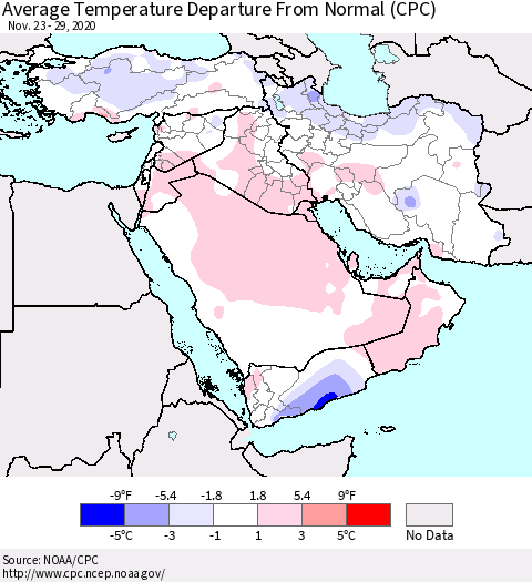 Middle East and Turkey Average Temperature Departure from Normal (CPC) Thematic Map For 11/23/2020 - 11/29/2020