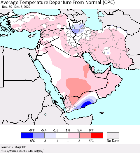 Middle East and Turkey Average Temperature Departure from Normal (CPC) Thematic Map For 11/30/2020 - 12/6/2020