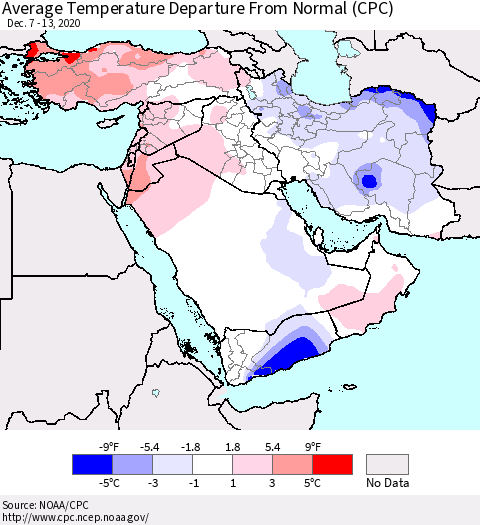 Middle East and Turkey Average Temperature Departure from Normal (CPC) Thematic Map For 12/7/2020 - 12/13/2020