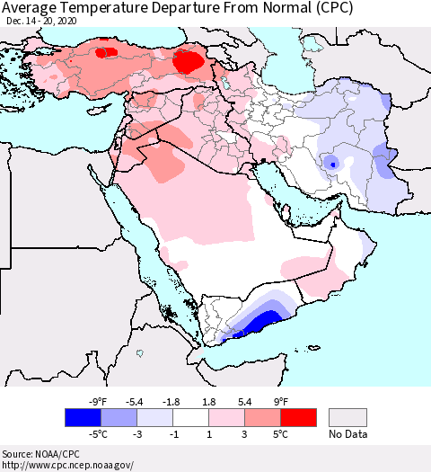 Middle East and Turkey Average Temperature Departure from Normal (CPC) Thematic Map For 12/14/2020 - 12/20/2020