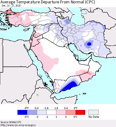 Middle East and Turkey Average Temperature Departure from Normal (CPC) Thematic Map For 12/21/2020 - 12/27/2020