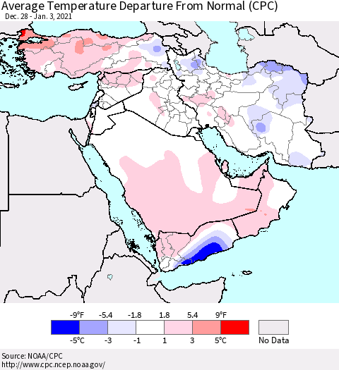 Middle East and Turkey Average Temperature Departure from Normal (CPC) Thematic Map For 12/28/2020 - 1/3/2021