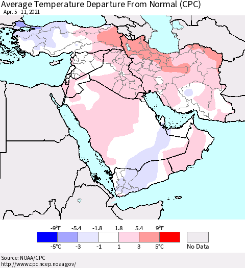 Middle East and Turkey Average Temperature Departure from Normal (CPC) Thematic Map For 4/5/2021 - 4/11/2021