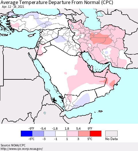 Middle East and Turkey Average Temperature Departure from Normal (CPC) Thematic Map For 4/12/2021 - 4/18/2021