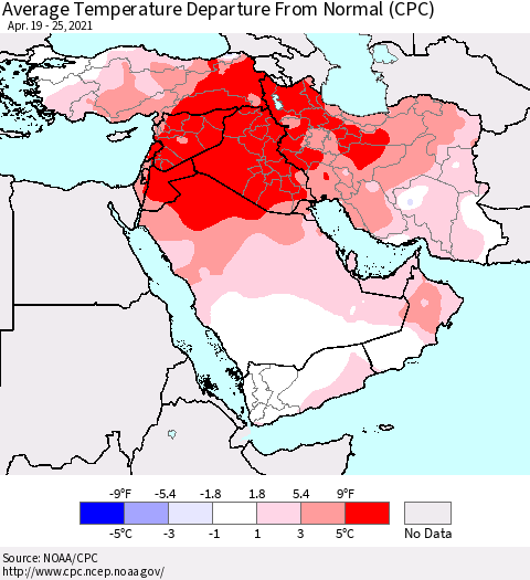 Middle East and Turkey Average Temperature Departure from Normal (CPC) Thematic Map For 4/19/2021 - 4/25/2021
