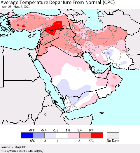 Middle East and Turkey Average Temperature Departure from Normal (CPC) Thematic Map For 4/26/2021 - 5/2/2021