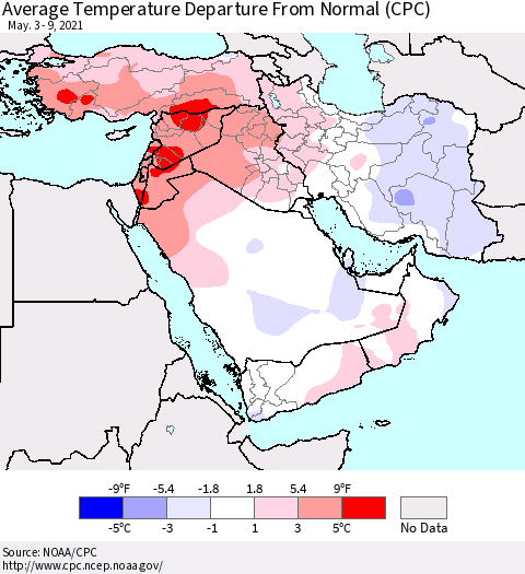Middle East and Turkey Average Temperature Departure from Normal (CPC) Thematic Map For 5/3/2021 - 5/9/2021