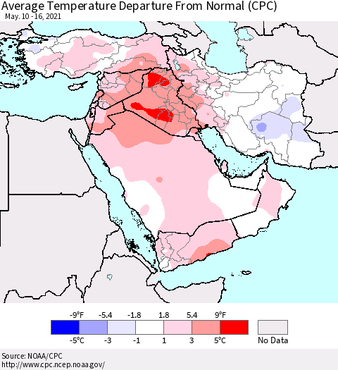 Middle East and Turkey Average Temperature Departure from Normal (CPC) Thematic Map For 5/10/2021 - 5/16/2021