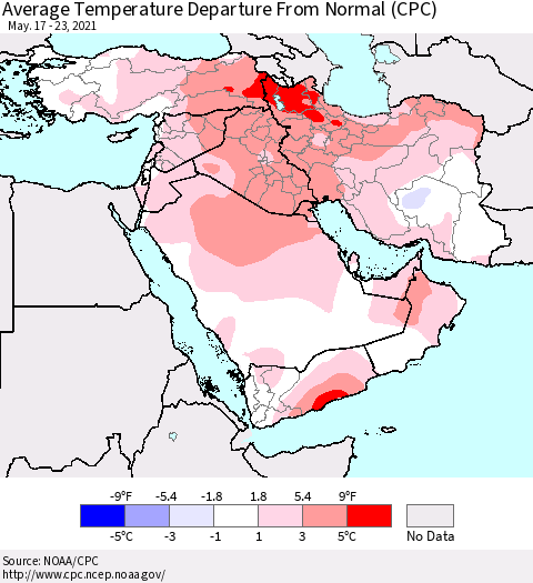 Middle East and Turkey Average Temperature Departure from Normal (CPC) Thematic Map For 5/17/2021 - 5/23/2021