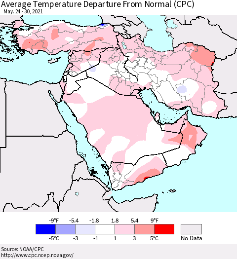 Middle East and Turkey Average Temperature Departure from Normal (CPC) Thematic Map For 5/24/2021 - 5/30/2021