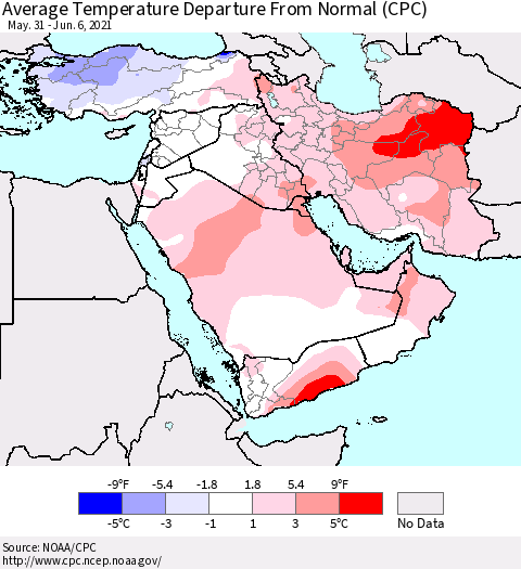 Middle East and Turkey Average Temperature Departure from Normal (CPC) Thematic Map For 5/31/2021 - 6/6/2021