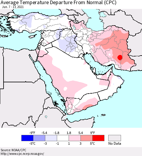 Middle East and Turkey Average Temperature Departure from Normal (CPC) Thematic Map For 6/7/2021 - 6/13/2021