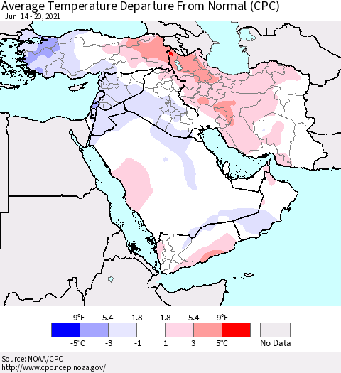Middle East and Turkey Average Temperature Departure from Normal (CPC) Thematic Map For 6/14/2021 - 6/20/2021