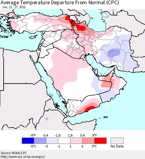Middle East and Turkey Average Temperature Departure from Normal (CPC) Thematic Map For 6/21/2021 - 6/27/2021