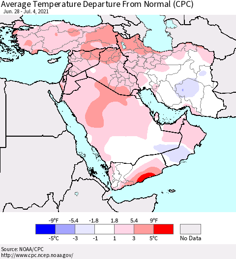 Middle East and Turkey Average Temperature Departure from Normal (CPC) Thematic Map For 6/28/2021 - 7/4/2021