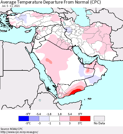Middle East and Turkey Average Temperature Departure from Normal (CPC) Thematic Map For 7/5/2021 - 7/11/2021
